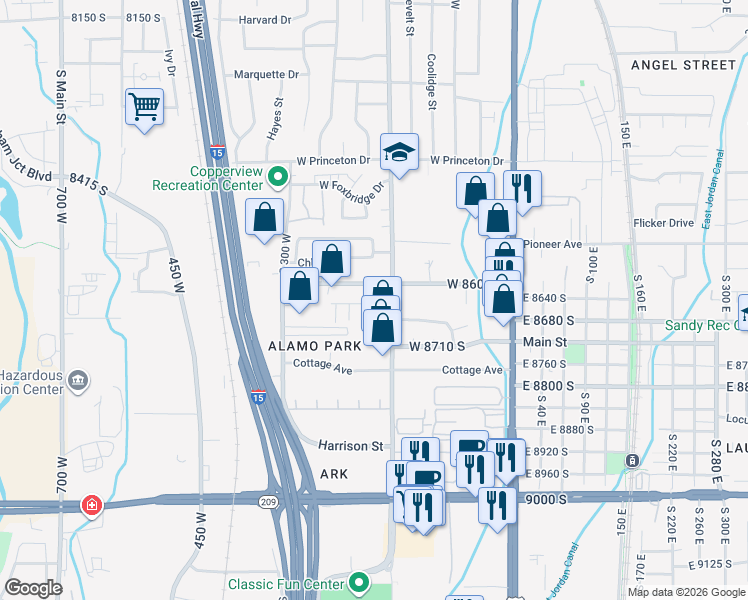 map of restaurants, bars, coffee shops, grocery stores, and more near 8630 South Monroe Street in Sandy