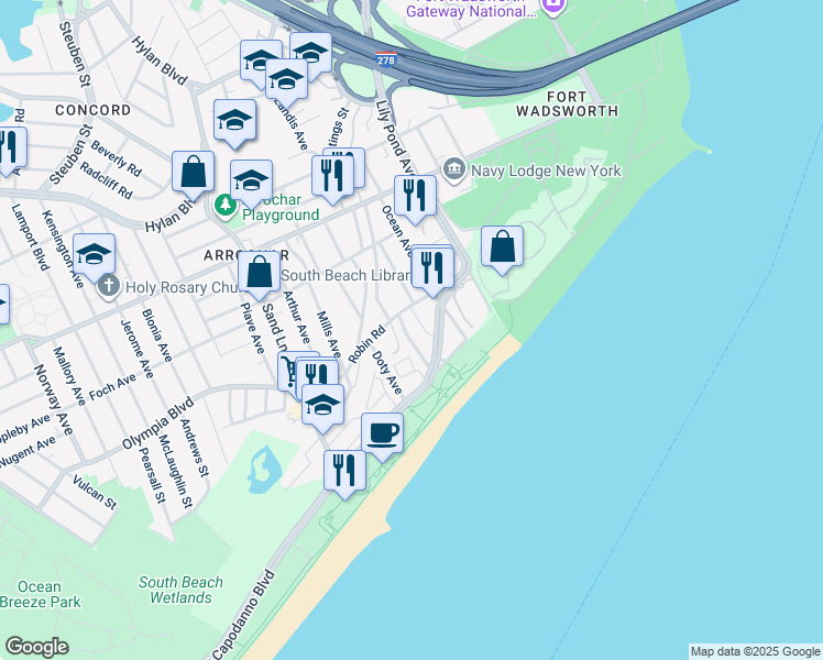 map of restaurants, bars, coffee shops, grocery stores, and more near 23 Linda Avenue in Staten Island