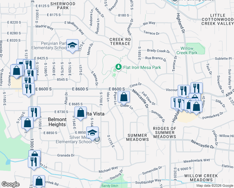 map of restaurants, bars, coffee shops, grocery stores, and more near 8629 Piper Lane in Sandy