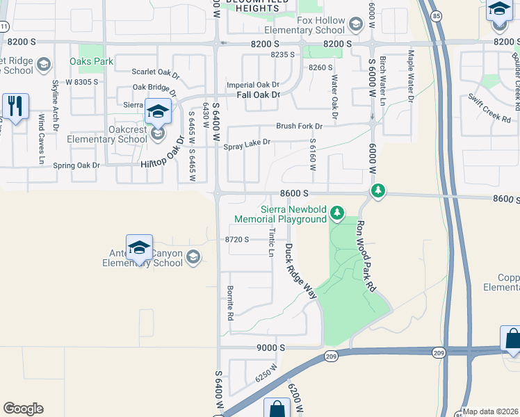 map of restaurants, bars, coffee shops, grocery stores, and more near 8647 6305 West in West Jordan