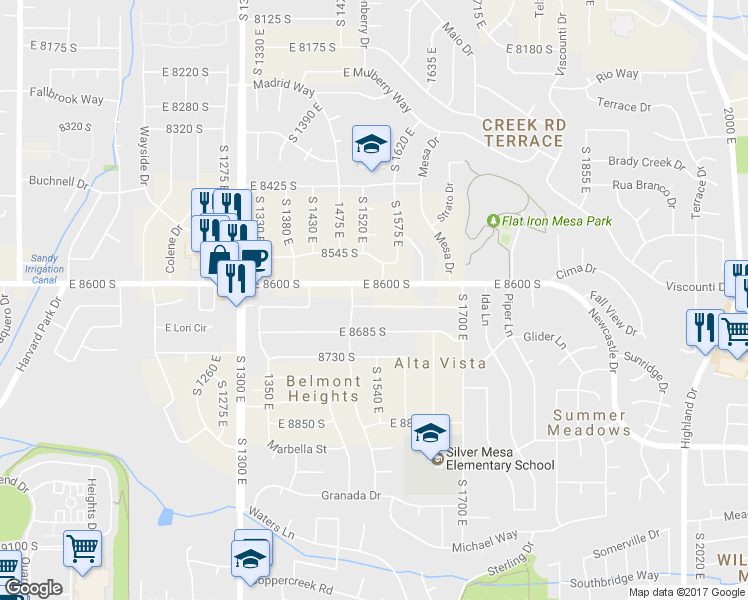 map of restaurants, bars, coffee shops, grocery stores, and more near 1543 E 8640 S in Sandy
