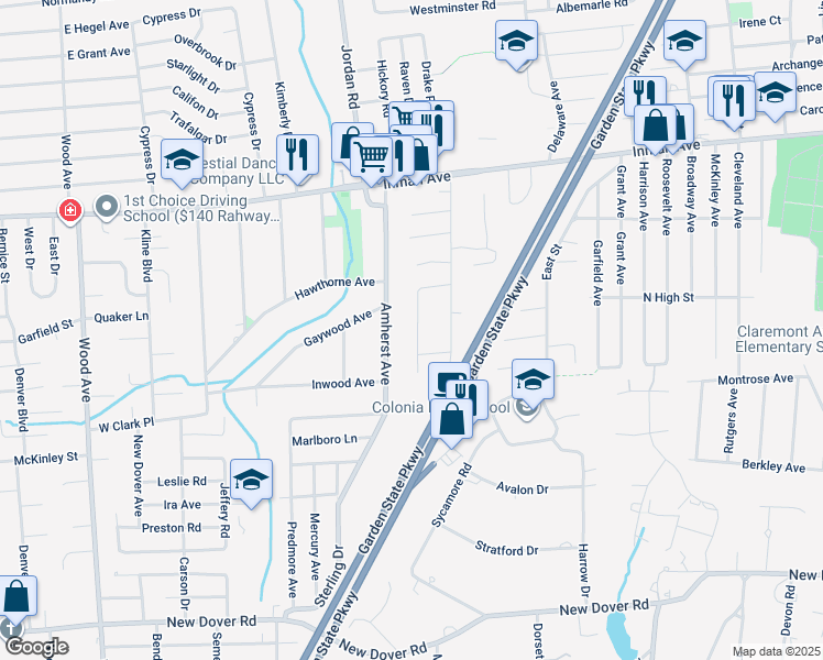 map of restaurants, bars, coffee shops, grocery stores, and more near 58 Berdine Court in Woodbridge Township