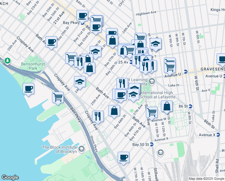 map of restaurants, bars, coffee shops, grocery stores, and more near 139 Bay 40th Street in Brooklyn