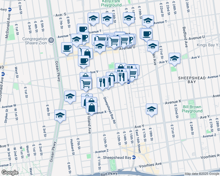 map of restaurants, bars, coffee shops, grocery stores, and more near 1223 Gravesend Neck Road in Brooklyn