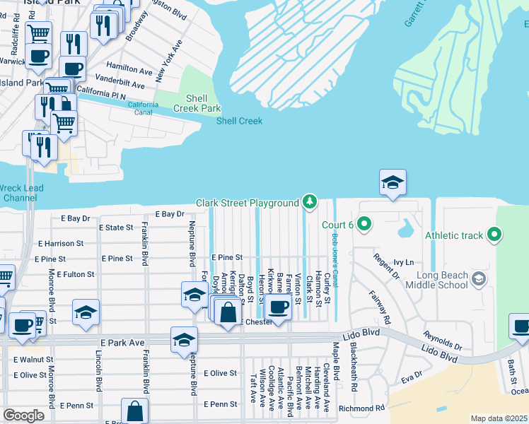map of restaurants, bars, coffee shops, grocery stores, and more near 88 Heron Street in Long Beach