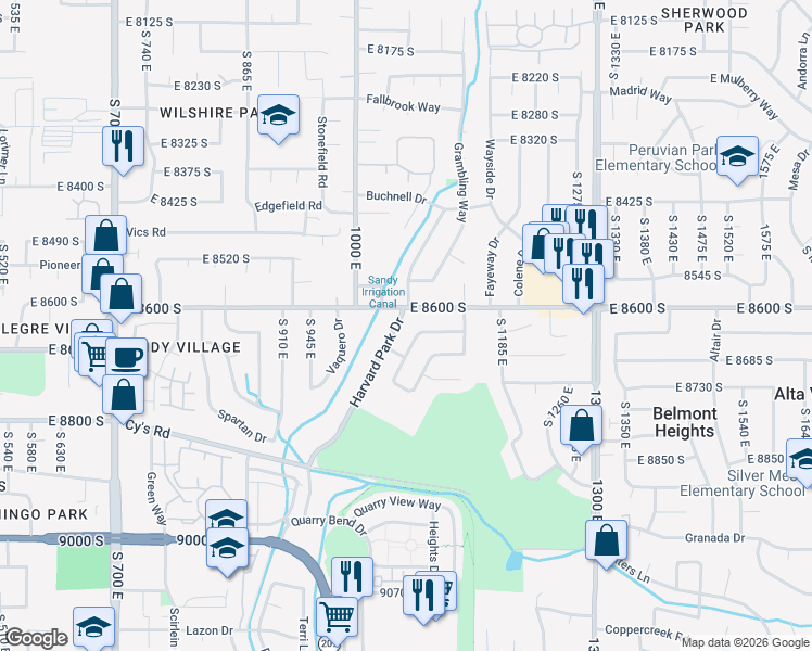 map of restaurants, bars, coffee shops, grocery stores, and more near 8627 South 1060 East in Sandy