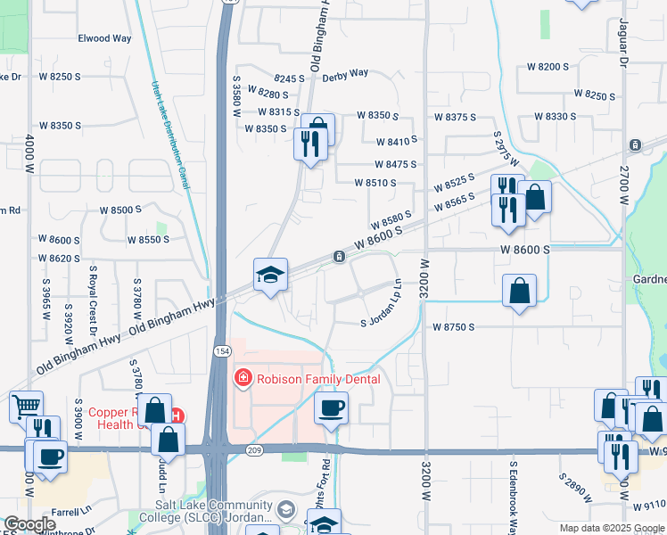 map of restaurants, bars, coffee shops, grocery stores, and more near 8632 Station View Way in West Jordan