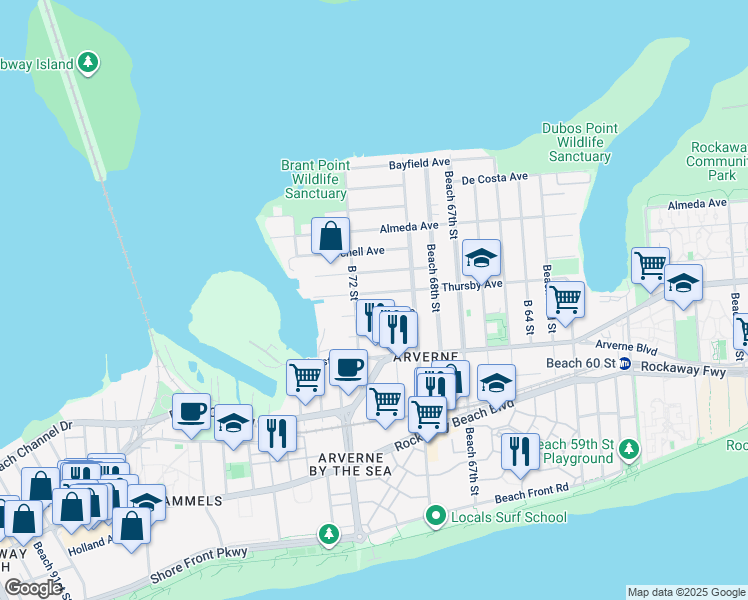 map of restaurants, bars, coffee shops, grocery stores, and more near 69-45 Thursby Avenue in Queens