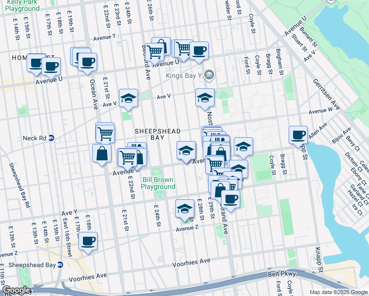 map of restaurants, bars, coffee shops, grocery stores, and more near 2342 East 27th Street in Brooklyn