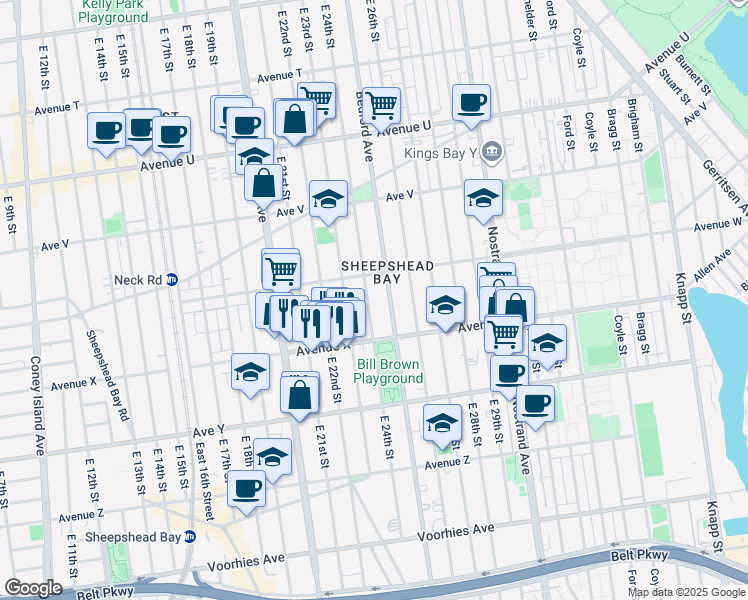 map of restaurants, bars, coffee shops, grocery stores, and more near 2328 East 24th Street in Brooklyn
