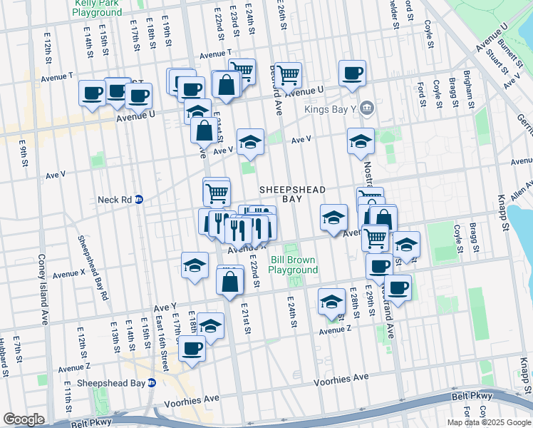 map of restaurants, bars, coffee shops, grocery stores, and more near 2328 East 24th Street in Brooklyn