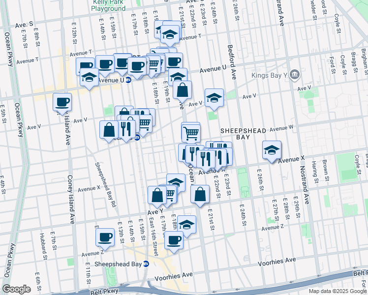 map of restaurants, bars, coffee shops, grocery stores, and more near 2301 East 19th Street in Brooklyn