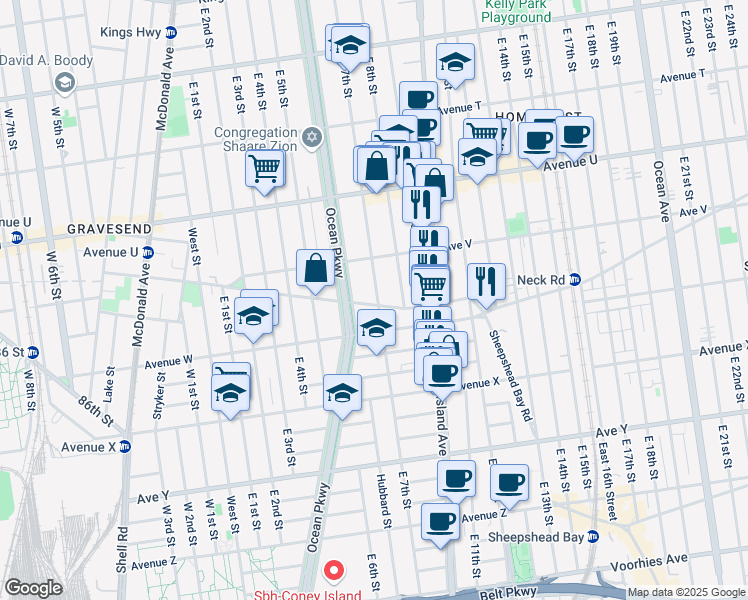 map of restaurants, bars, coffee shops, grocery stores, and more near 631 Gravesend Neck Road in Brooklyn