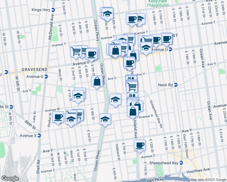 map of restaurants, bars, coffee shops, grocery stores, and more near 631 Gravesend Neck Road in Brooklyn