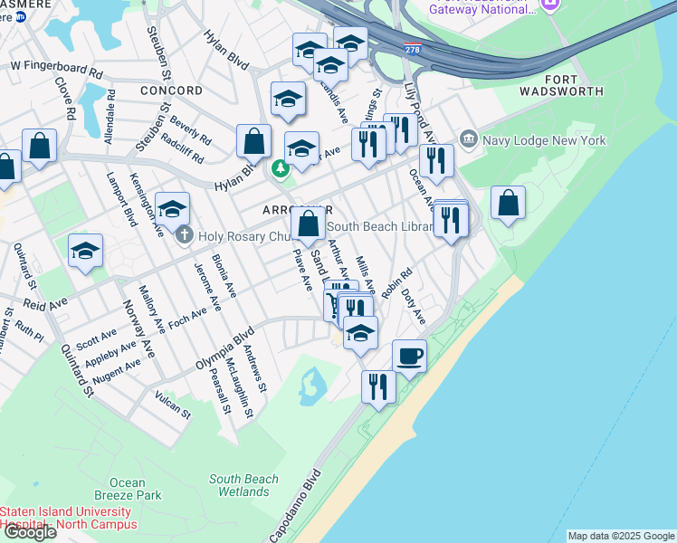 map of restaurants, bars, coffee shops, grocery stores, and more near 94 Arthur Avenue in Staten Island