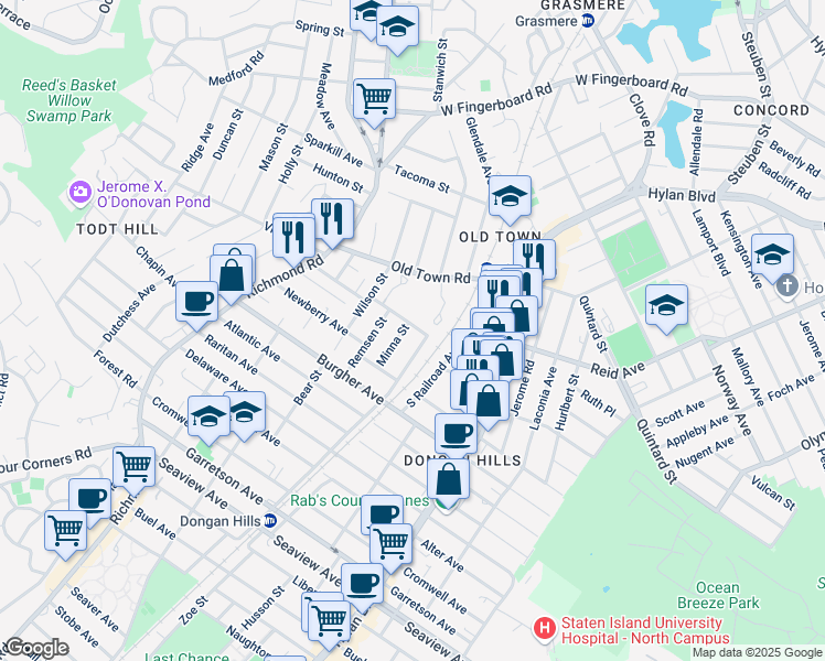 map of restaurants, bars, coffee shops, grocery stores, and more near 11 Minna Street in Staten Island