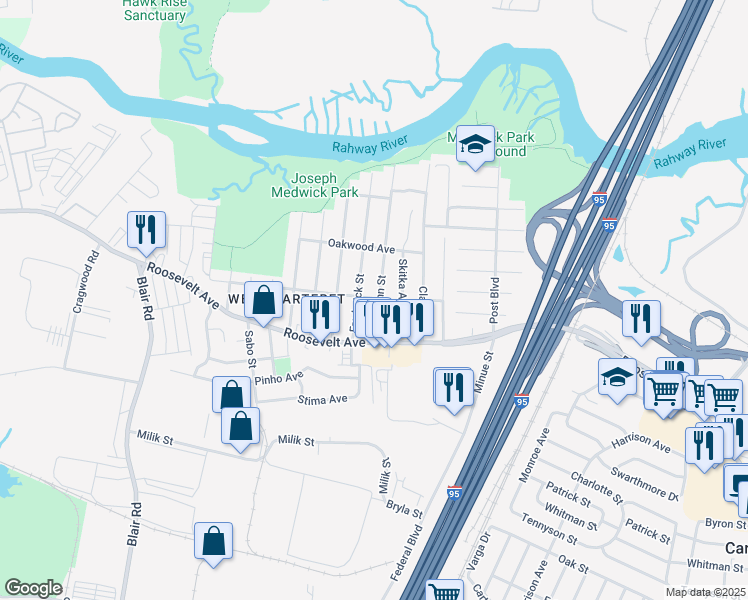 map of restaurants, bars, coffee shops, grocery stores, and more near 121 Hermann Street in Carteret