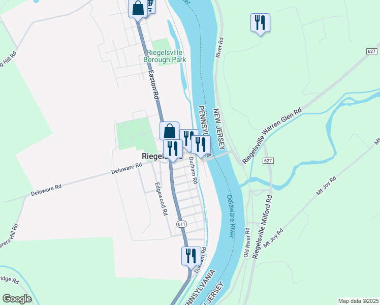 map of restaurants, bars, coffee shops, grocery stores, and more near 112 Delaware Road in Riegelsville