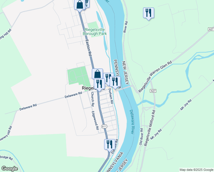 map of restaurants, bars, coffee shops, grocery stores, and more near 112 Delaware Road in Riegelsville