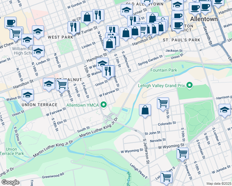 map of restaurants, bars, coffee shops, grocery stores, and more near 315 South Madison Street in Allentown