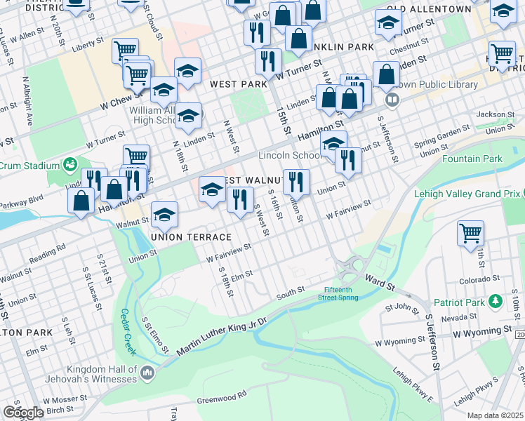 map of restaurants, bars, coffee shops, grocery stores, and more near 1285 North West Street in Allentown