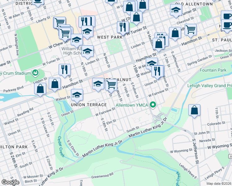 map of restaurants, bars, coffee shops, grocery stores, and more near 1285 North West Street in Allentown