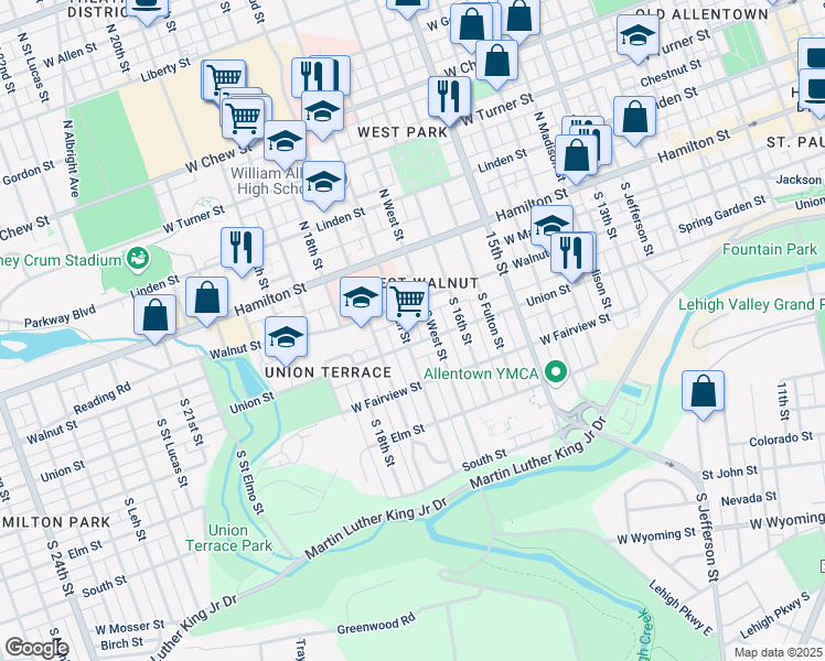 map of restaurants, bars, coffee shops, grocery stores, and more near 1285 North West Street in Allentown