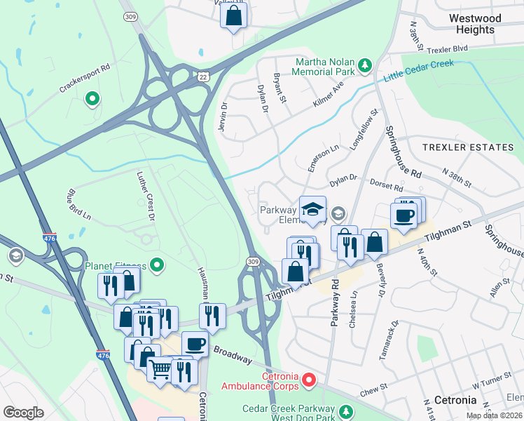 map of restaurants, bars, coffee shops, grocery stores, and more near 4369 Green Tree Lane in Allentown