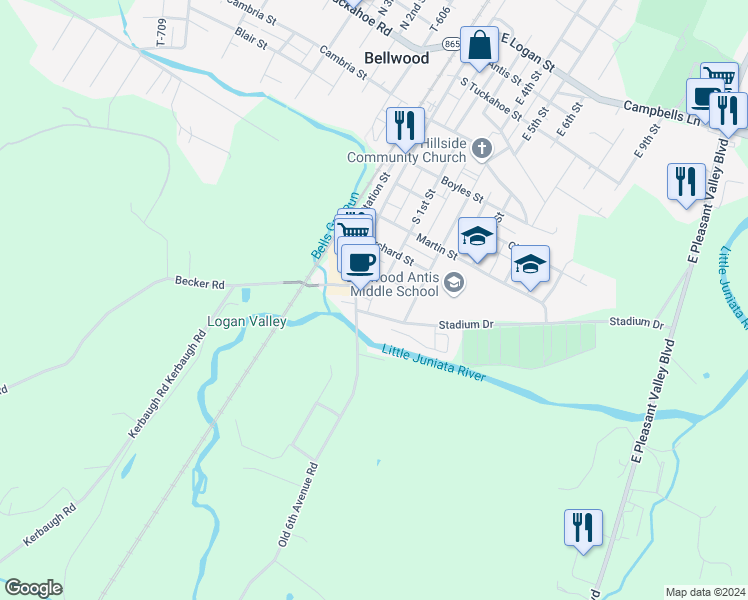 map of restaurants, bars, coffee shops, grocery stores, and more near 1-29 Old 6th Avenue Road in Bellwood