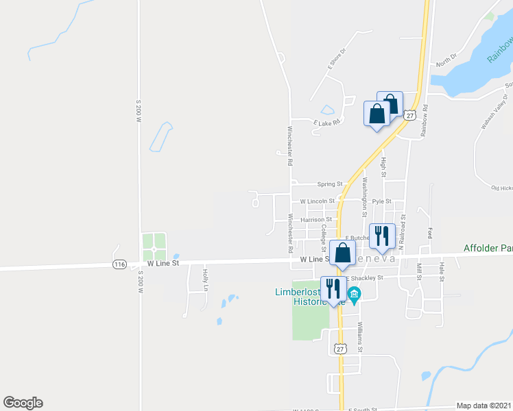 map of restaurants, bars, coffee shops, grocery stores, and more near 556 Bristol Drive in Geneva