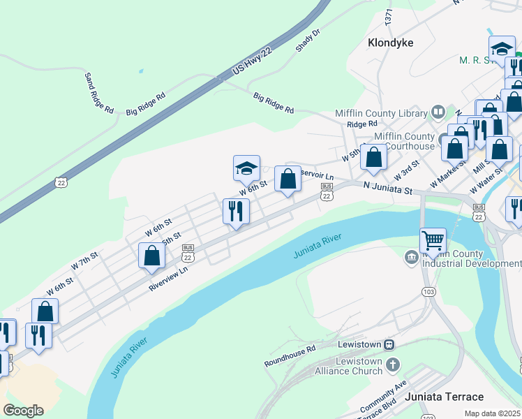 map of restaurants, bars, coffee shops, grocery stores, and more near 198 Pennsylvania Avenue in Lewistown