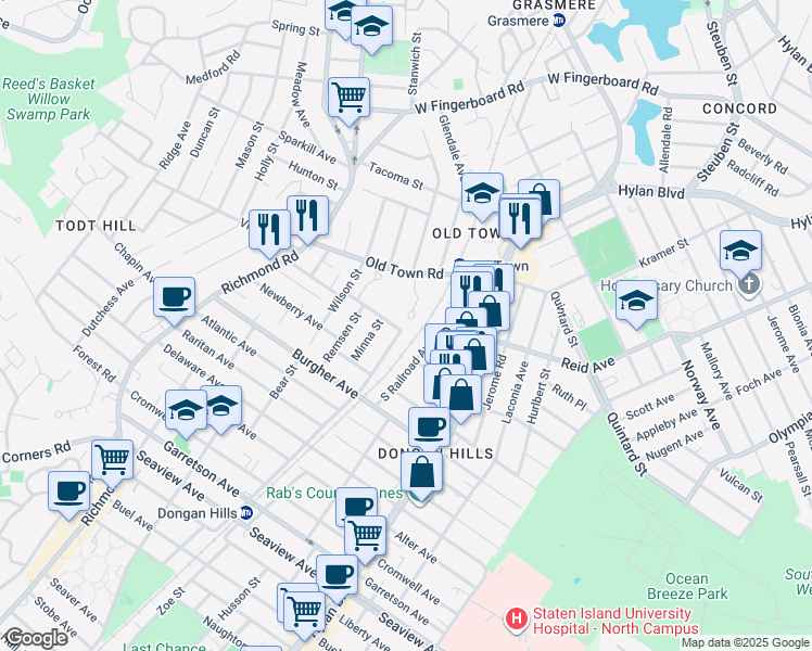 map of restaurants, bars, coffee shops, grocery stores, and more near 65 Carmel Court in Staten Island