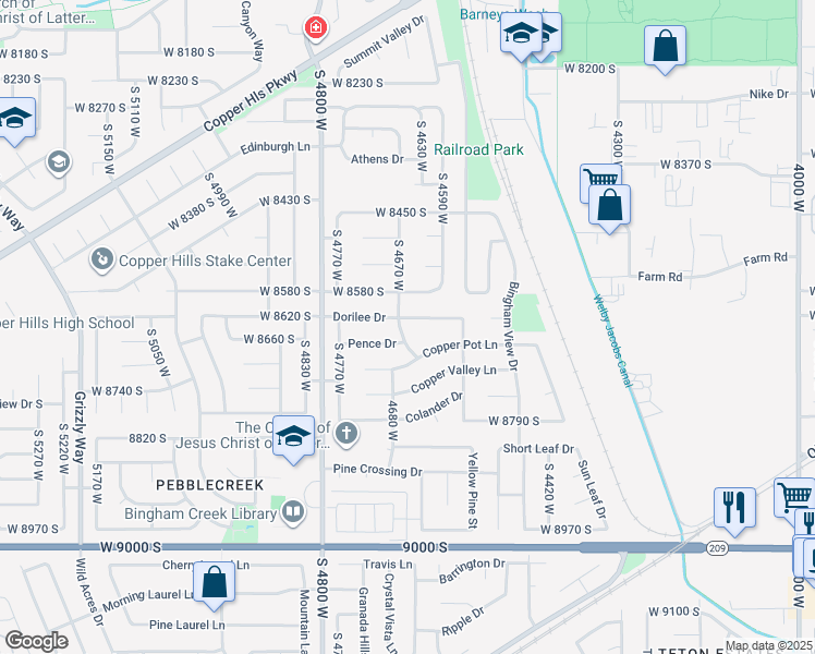 map of restaurants, bars, coffee shops, grocery stores, and more near 8637 Saralee Drive in West Jordan
