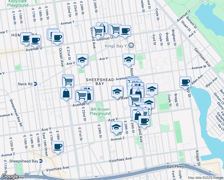 map of restaurants, bars, coffee shops, grocery stores, and more near 2342 East 27th Street in Brooklyn