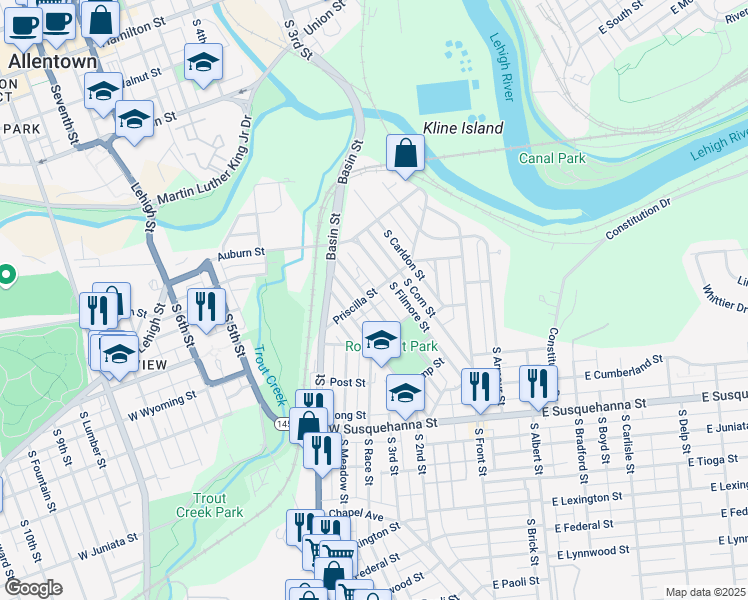 map of restaurants, bars, coffee shops, grocery stores, and more near 224 Priscilla Street in Allentown