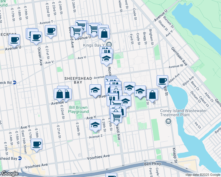 map of restaurants, bars, coffee shops, grocery stores, and more near 3670 Nostrand Avenue in Brooklyn