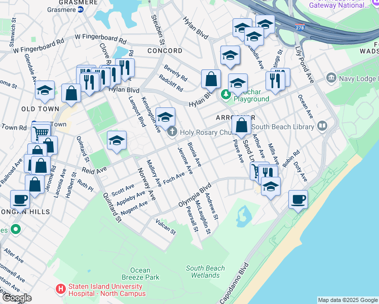 map of restaurants, bars, coffee shops, grocery stores, and more near 163 Jerome Avenue in Staten Island