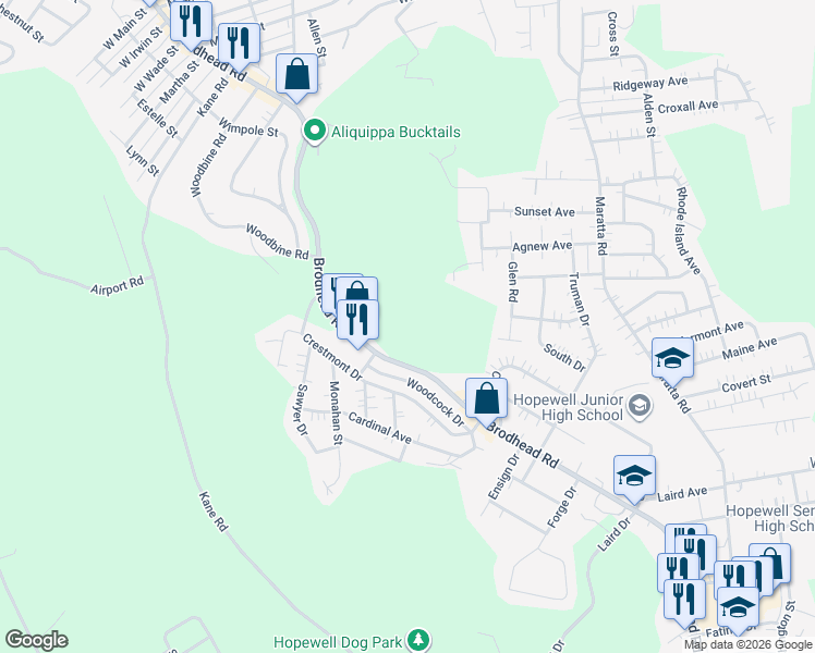 map of restaurants, bars, coffee shops, grocery stores, and more near 2470 Brodhead Road in Aliquippa