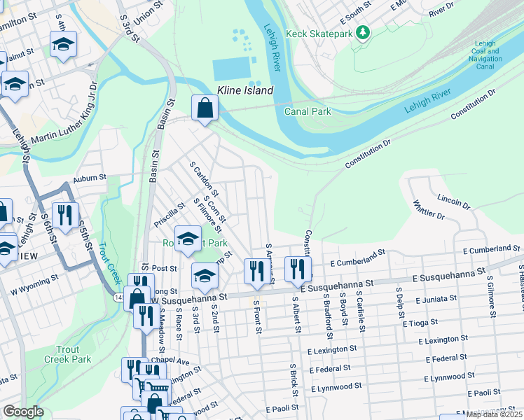 map of restaurants, bars, coffee shops, grocery stores, and more near 846 South Armour Street in Allentown