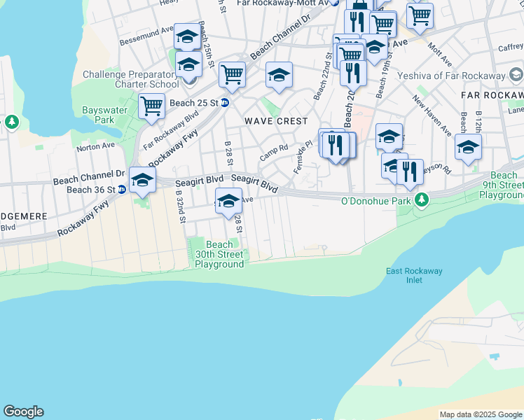 map of restaurants, bars, coffee shops, grocery stores, and more near 1-81 Beach 26th Street in Queens
