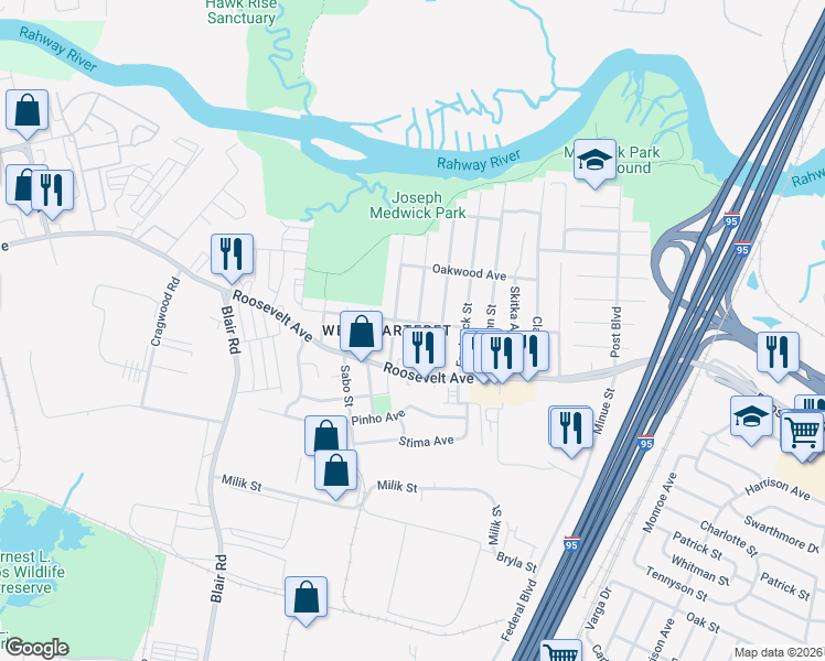 map of restaurants, bars, coffee shops, grocery stores, and more near 117 William Street in Carteret
