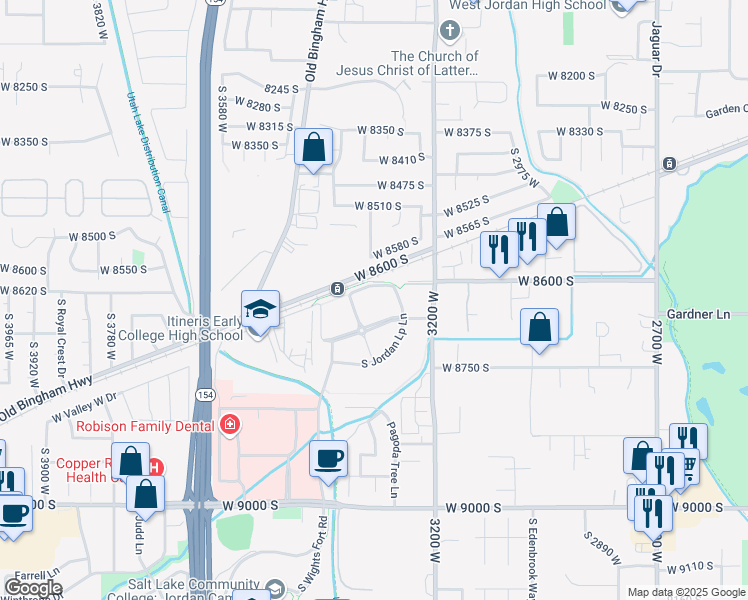 map of restaurants, bars, coffee shops, grocery stores, and more near 3258 Jordan Line Parkway in West Jordan