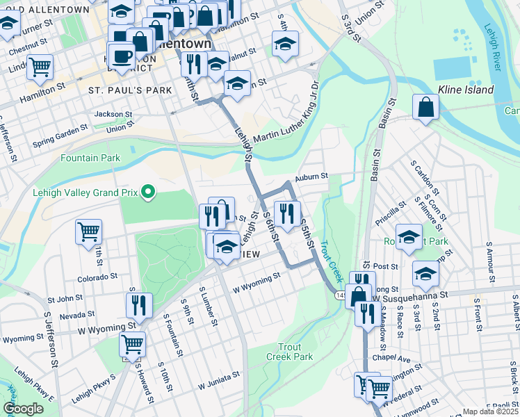 map of restaurants, bars, coffee shops, grocery stores, and more near 606-620 South 6th Street in Allentown