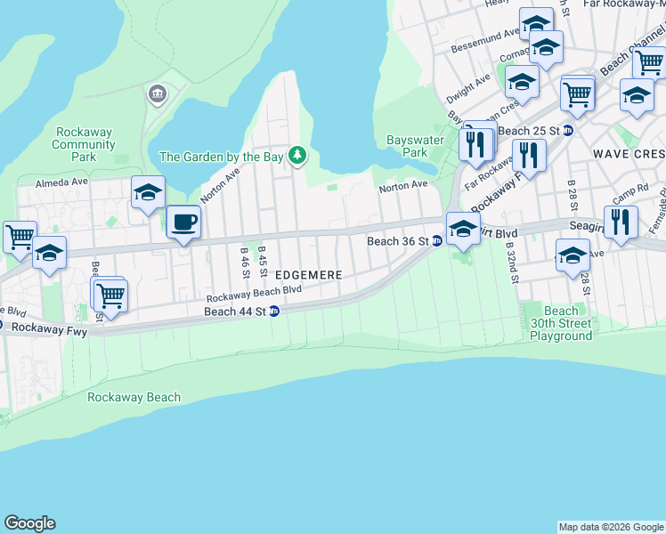 map of restaurants, bars, coffee shops, grocery stores, and more near 3-15 Beach 41st Street in Queens
