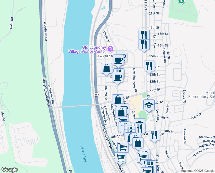 map of restaurants, bars, coffee shops, grocery stores, and more near 186 12th Street in Ambridge