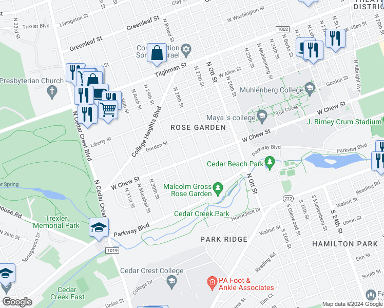map of restaurants, bars, coffee shops, grocery stores, and more near 2803 West Chew Street in Allentown