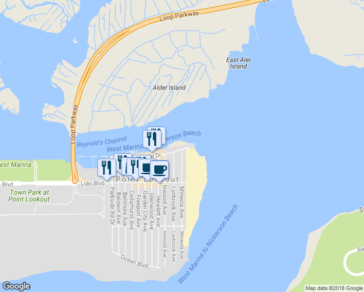 map of restaurants, bars, coffee shops, grocery stores, and more near 169 Bayside Drive in Point Lookout
