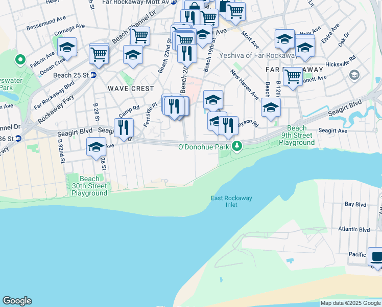 map of restaurants, bars, coffee shops, grocery stores, and more near 155 Beach 19th Street in Queens