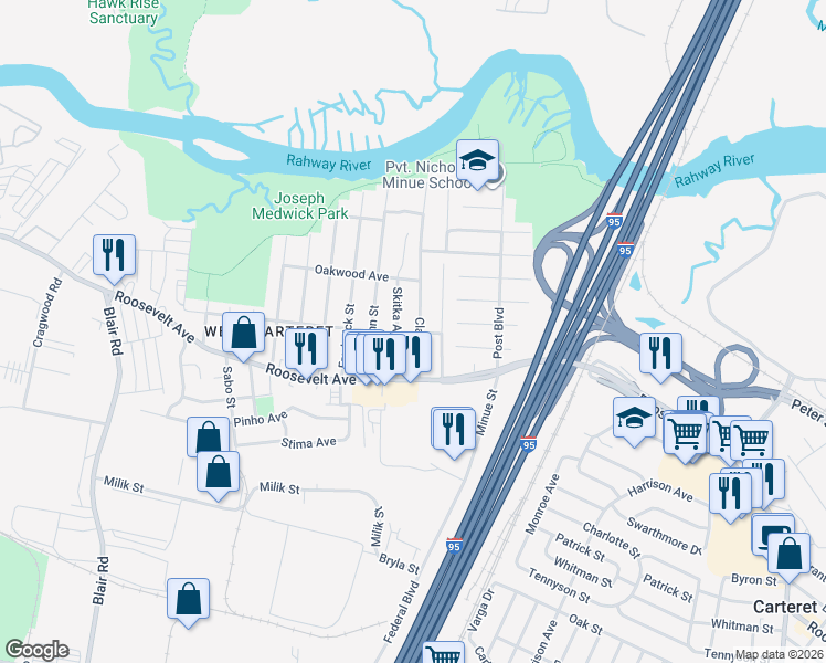 map of restaurants, bars, coffee shops, grocery stores, and more near 20 Skitka Avenue in Carteret