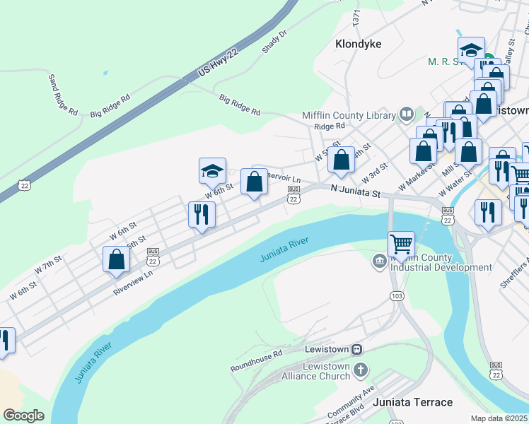 map of restaurants, bars, coffee shops, grocery stores, and more near 428 West 4th Street in Lewistown